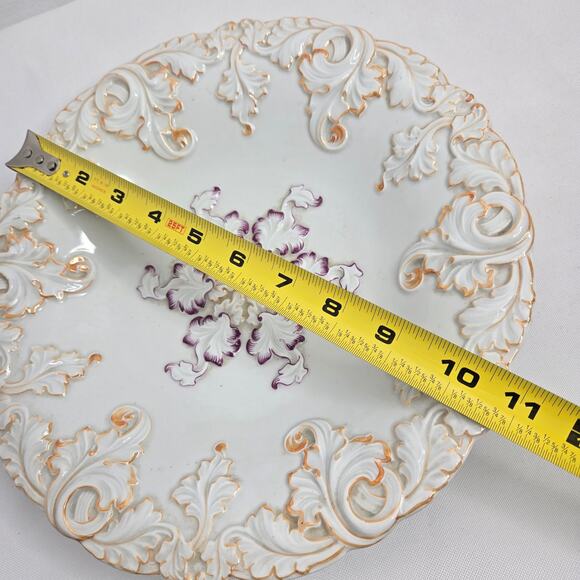 Vintage Meissen Porcelain Bowl Rococco Leaf Purple Gold Relief Luster Floral - Picture 8 of 11